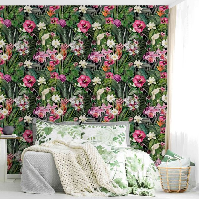 Wanddeko Schlafzimmer Bunte tropische Blumen Collage