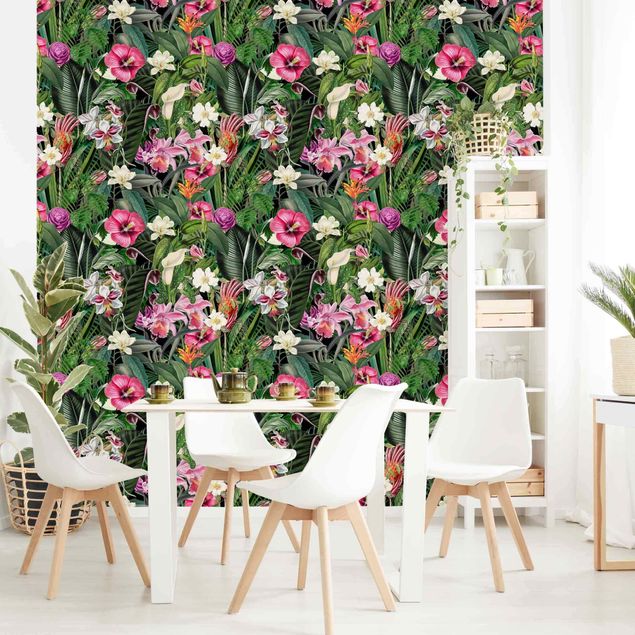 Wanddeko Esszimmer Bunte tropische Blumen Collage