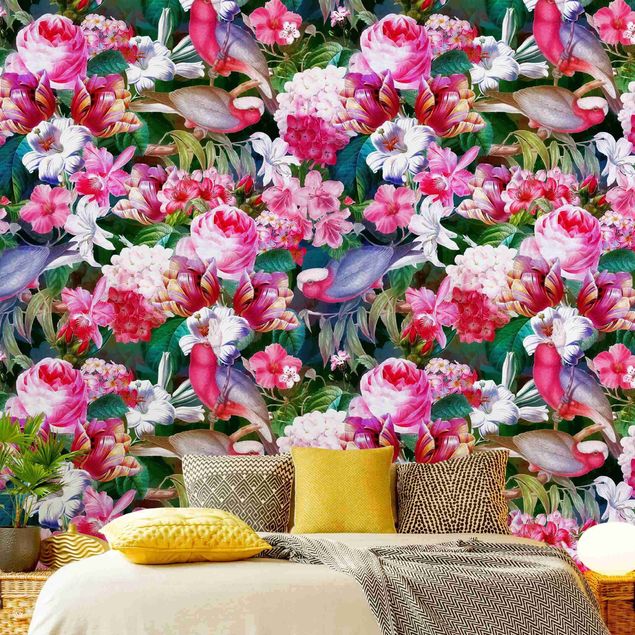 Wanddeko Wohnzimmer Bunte Tropische Blumen mit Vögeln Pink