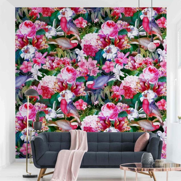 Wanddeko Schlafzimmer Bunte Tropische Blumen mit Vögeln Pink