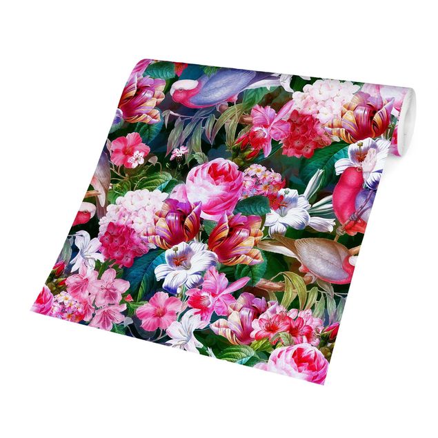 Wanddeko Flur Bunte Tropische Blumen mit Vögeln Pink