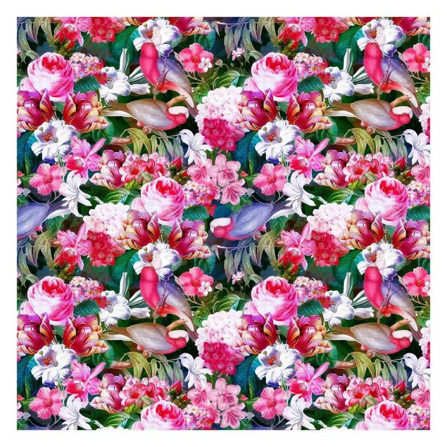 Wanddeko Esszimmer Bunte Tropische Blumen mit Vögeln Pink