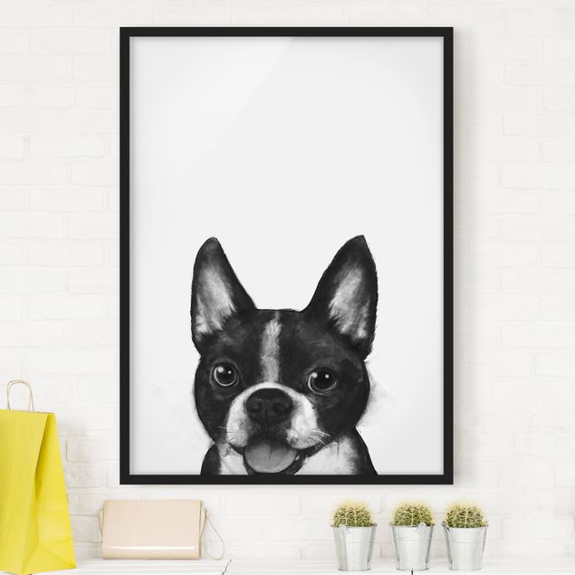 Wanddeko Wohnzimmer Illustration Hund Boston Schwarz Weiß Malerei