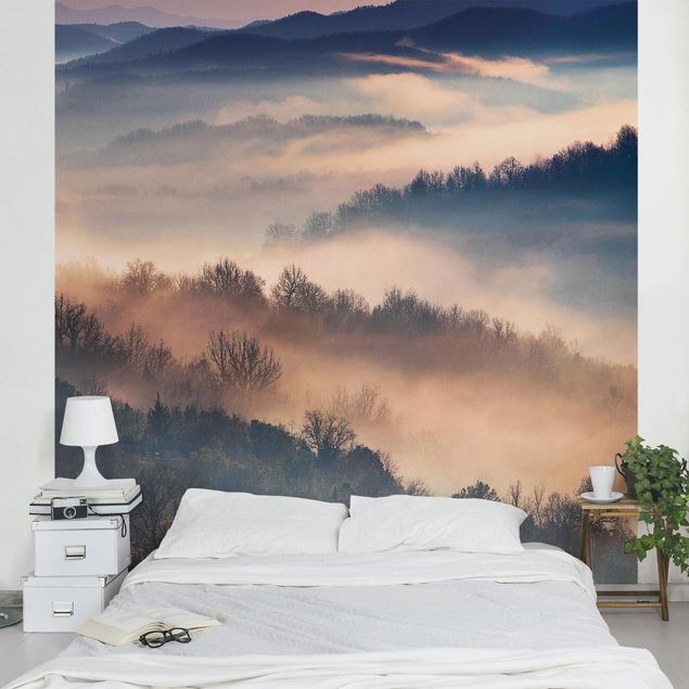 Wanddeko Wohnzimmer Nebel bei Sonnenuntergang