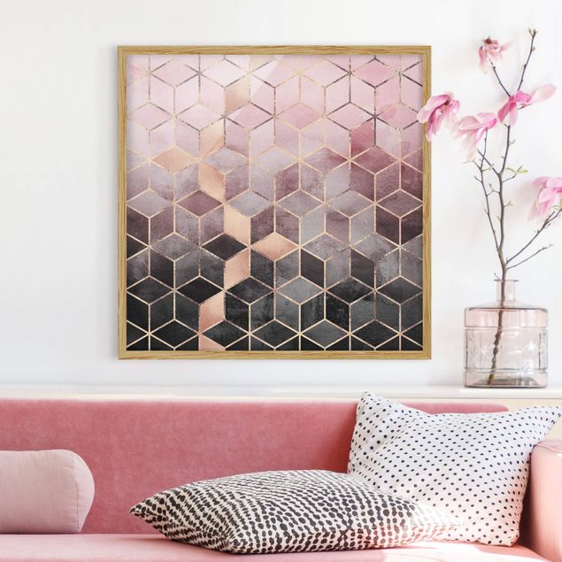 Wanddeko Wohnzimmer Rosa Grau goldene Geometrie