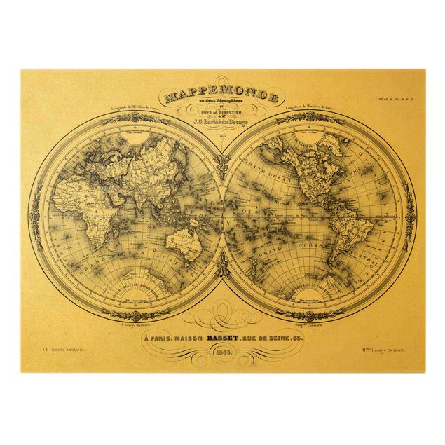 Wanddeko über Sofa Weltkarte - Französische Karte der Hemissphären von 1848