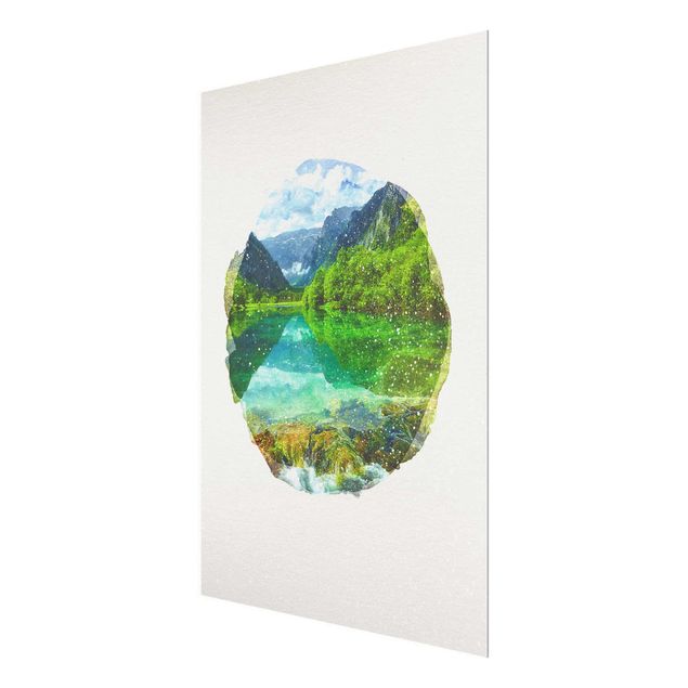Wanddeko Büro Wasserfarben - Bergsee mit Spiegelung