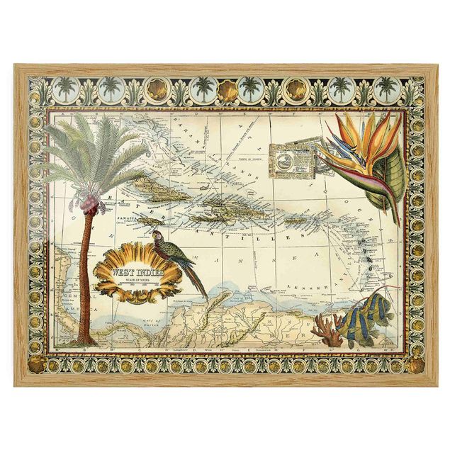 Wanddeko Esszimmer Vintage Tropische Landkarte West Indien