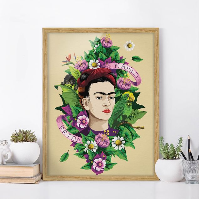 Wanddeko Wohnzimmer Frida Kahlo - Frida, Äffchen und Papagei