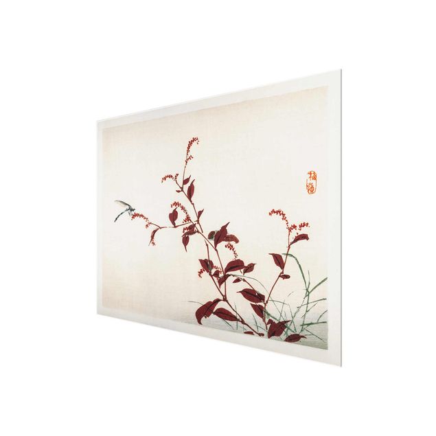 Wanddeko Treppenhaus Asiatische Vintage Zeichnung Roter Zweig mit Libelle