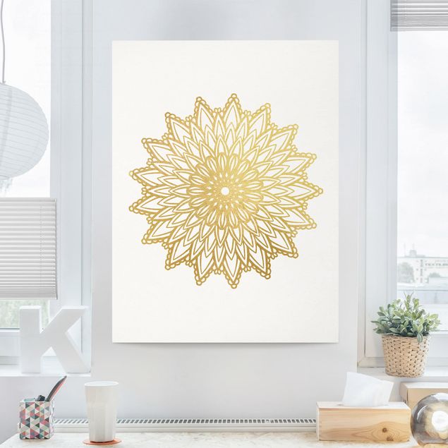 Wanddeko Wohnzimmer Mandala Sonne Illustration weiß gold