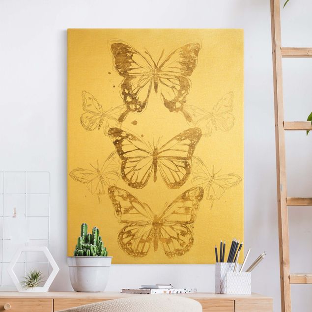 Wanddeko Wohnzimmer Schmetterlingskomposition in Gold I