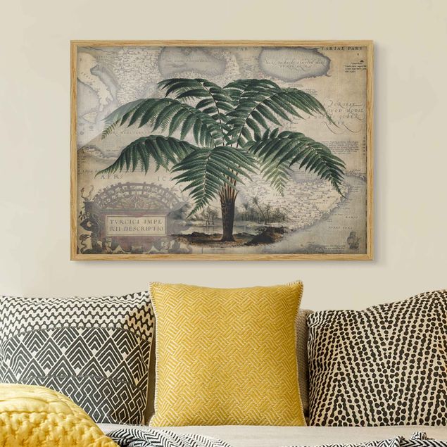Wanddeko Wohnzimmer Vintage Collage - Palme und Weltkarte
