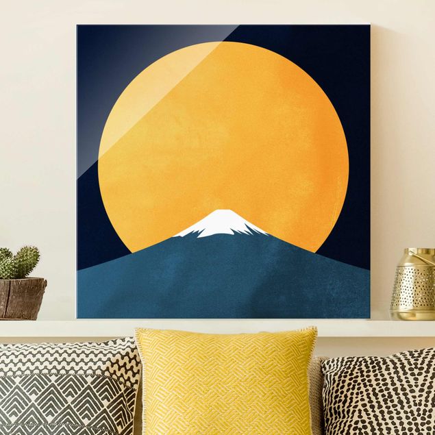 Wanddeko gelb Sonne, Mond und Berge