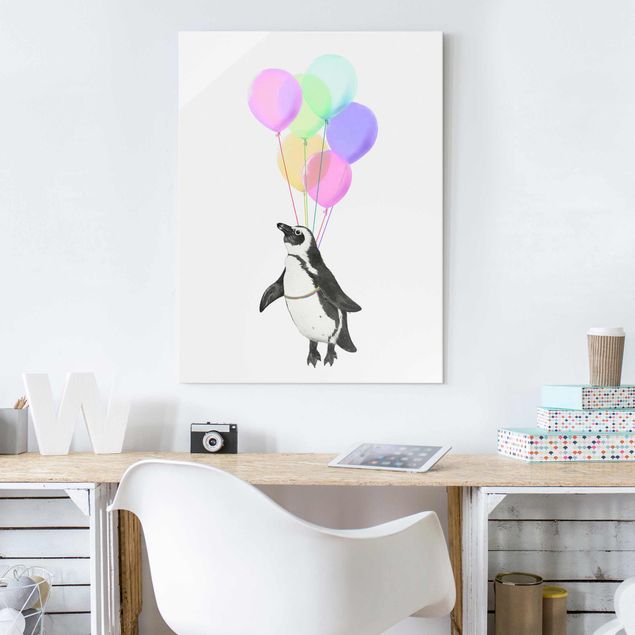 Wanddeko bunt Illustration Pinguin Pastell Luftballons