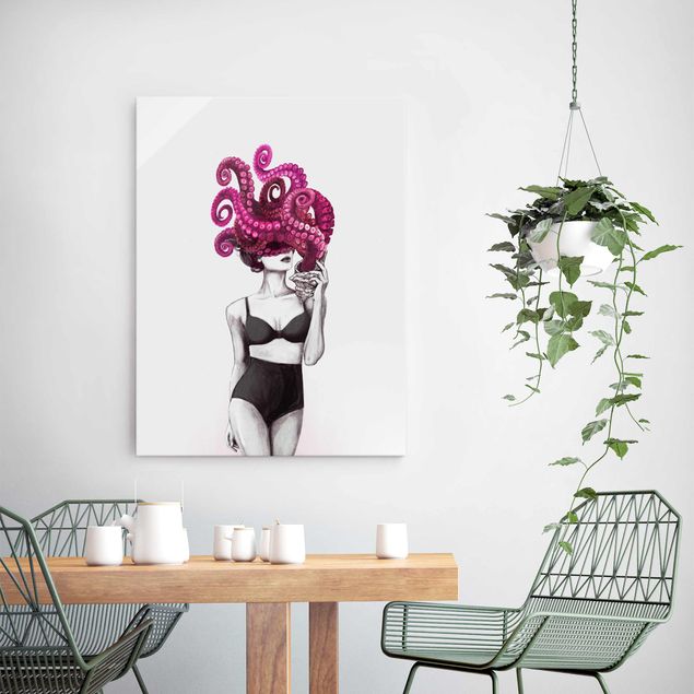 Wandbilder Fische Illustration Frau in Unterwäsche Schwarz Weiß Oktopus