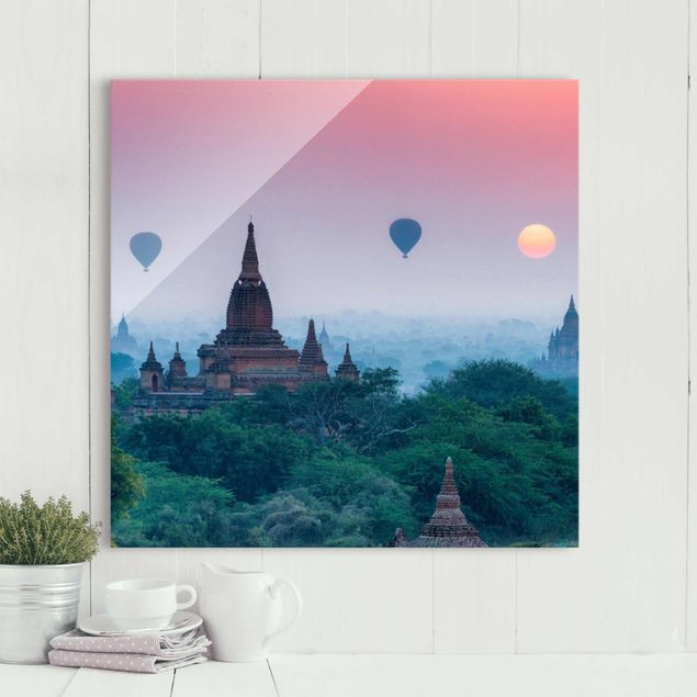 Wandbilder Asien Heißluftballons über Tempelanlage