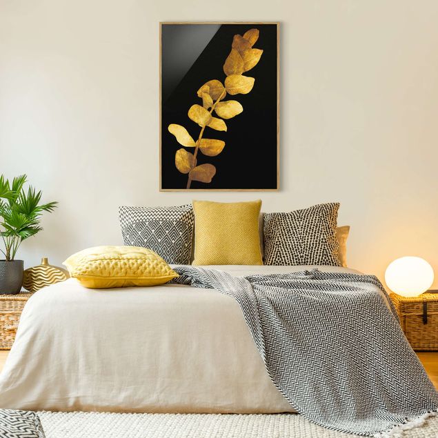 Wanddeko Schlafzimmer Gold - Eukalyptus auf Schwarz