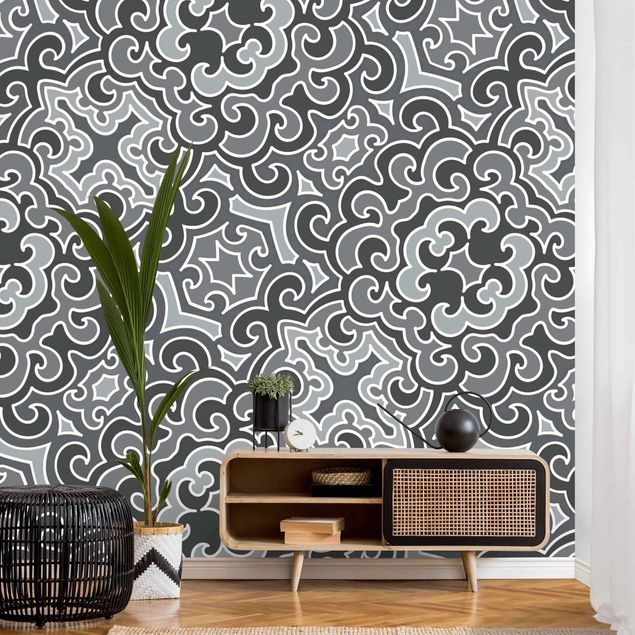Wanddeko Wohnzimmer Chinoiserie Muster in Grau