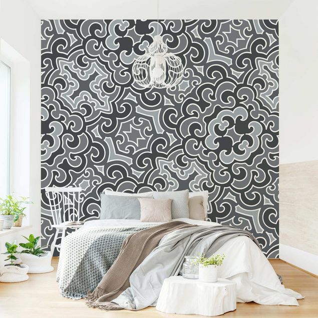 Wanddeko Schlafzimmer Chinoiserie Muster in Grau