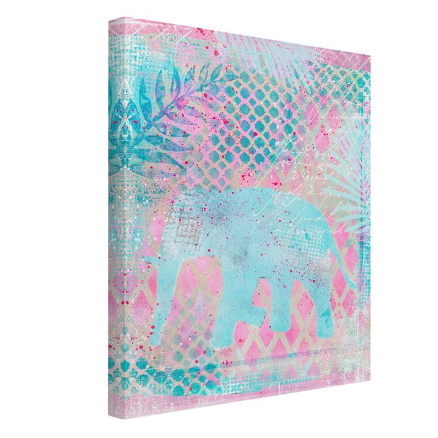 Wanddeko Wohnzimmer Bunte Collage - Elefant in Blau und Rosa