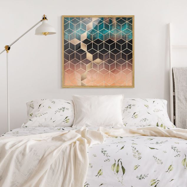 Wanddeko Schlafzimmer Türkis Rosé goldene Geometrie