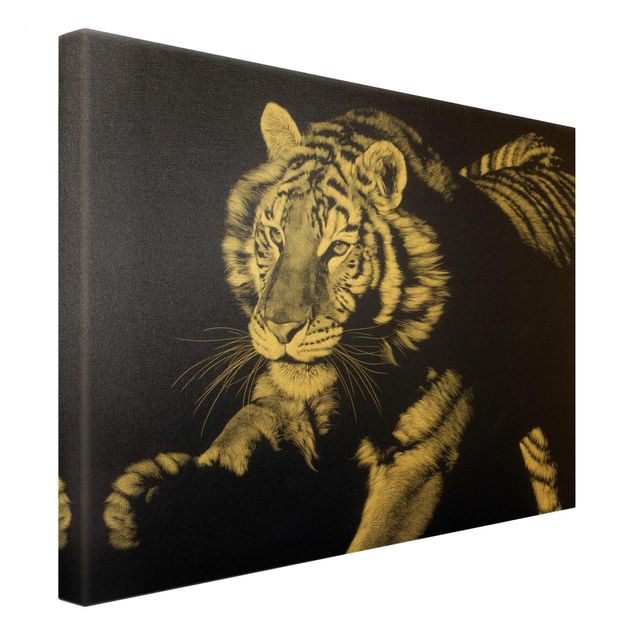 Wanddeko Esszimmer Tiger im Sonnenlicht vor Schwarz