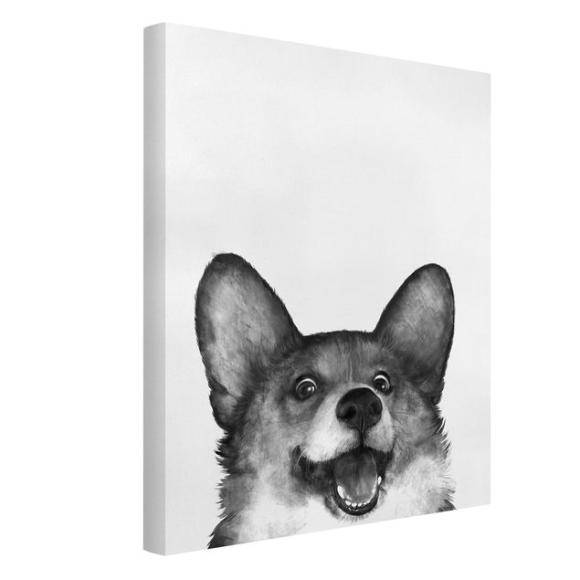 Leinwandbild Hund Illustration Hund Corgi Weiß Schwarz Malerei