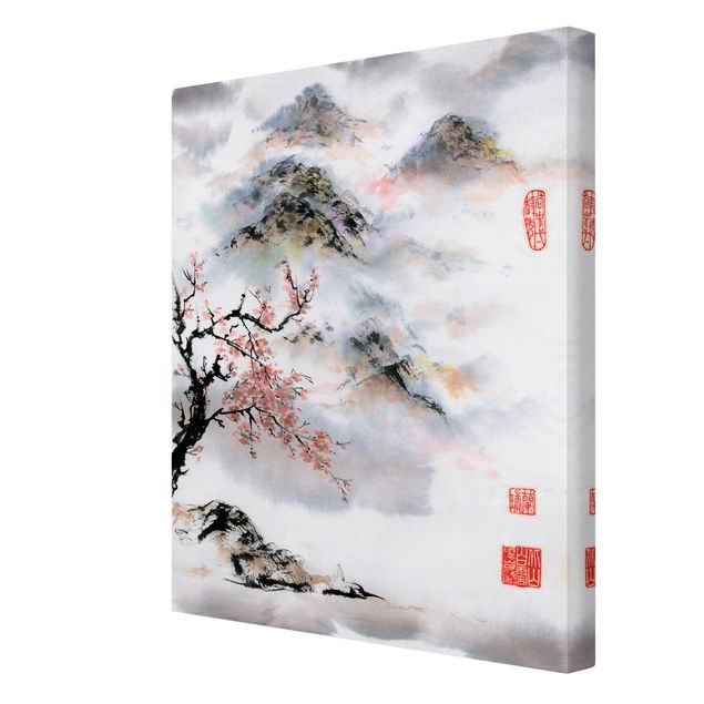 Wanddeko Esszimmer Japanische Aquarell Zeichnung Kirschbaum und Berge
