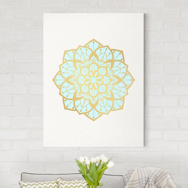 Wanddeko Wohnzimmer Mandala Illustration Blüte hellblau gold