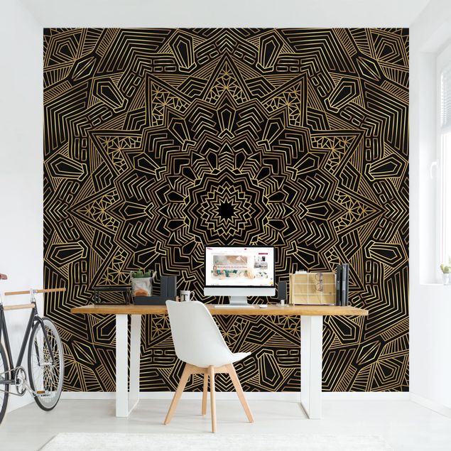 Wanddeko Schlafzimmer Mandala Stern Muster gold schwarz