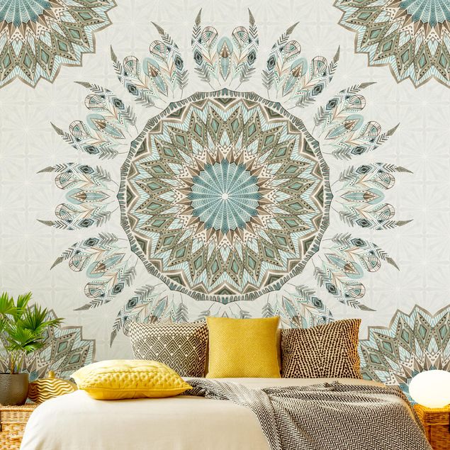 Wanddeko Schlafzimmer Mandala Aquarell Federn Muster blau grün