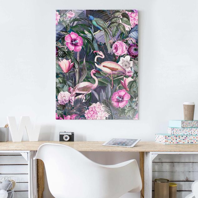 Wanddeko Blume Bunte Collage - Pinke Flamingos im Dschungel
