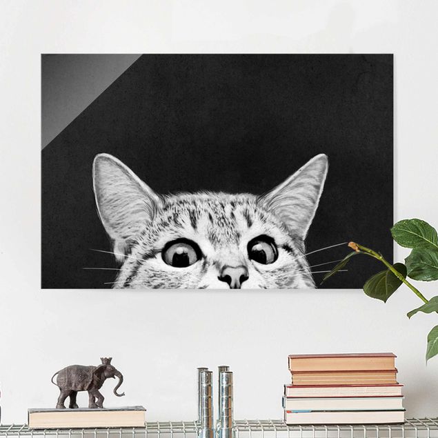 Wanddeko Treppenhaus Illustration Katze Schwarz Weiß Zeichnung