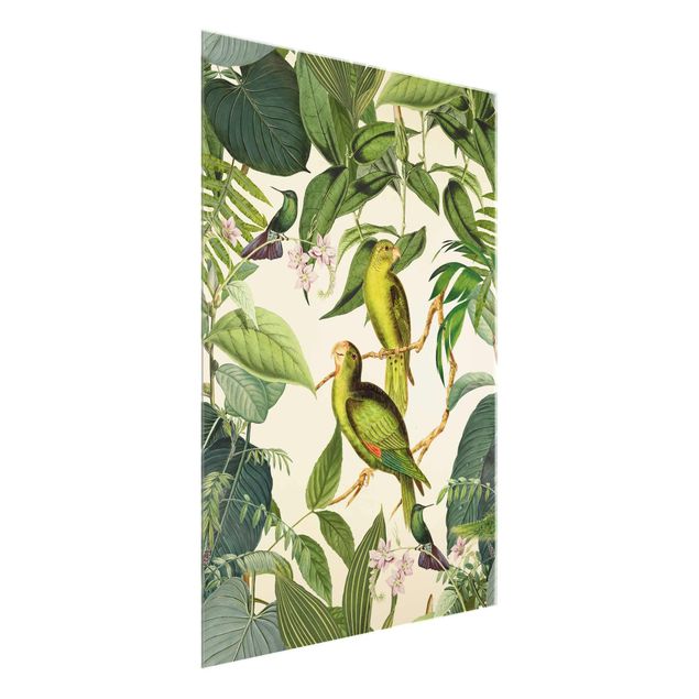 Wanddeko grün Vintage Collage - Papageien im Dschungel