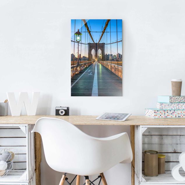Glasbild New York Morgenblick von der Brooklyn Bridge