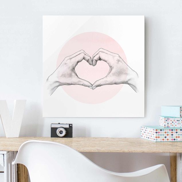 Wanddeko über Sofa Illustration Herz Hände Kreis Rosa Weiß