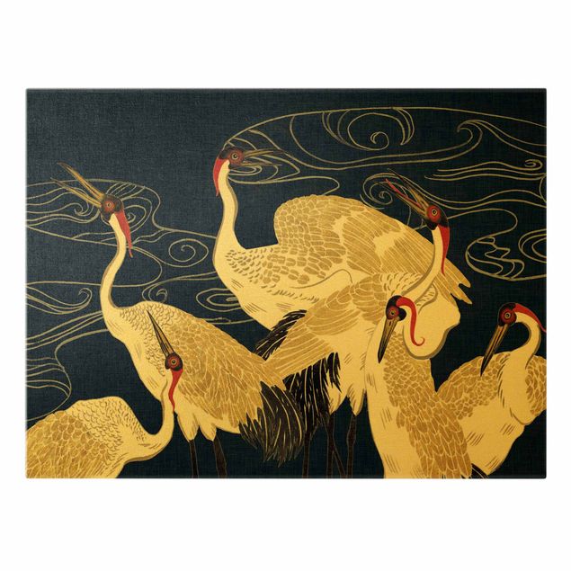 Leinwandbild Vögel Kraniche mit goldenen Federn II