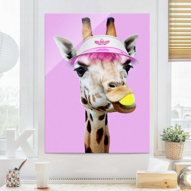 Wanddeko pink Giraffe beim Tennis