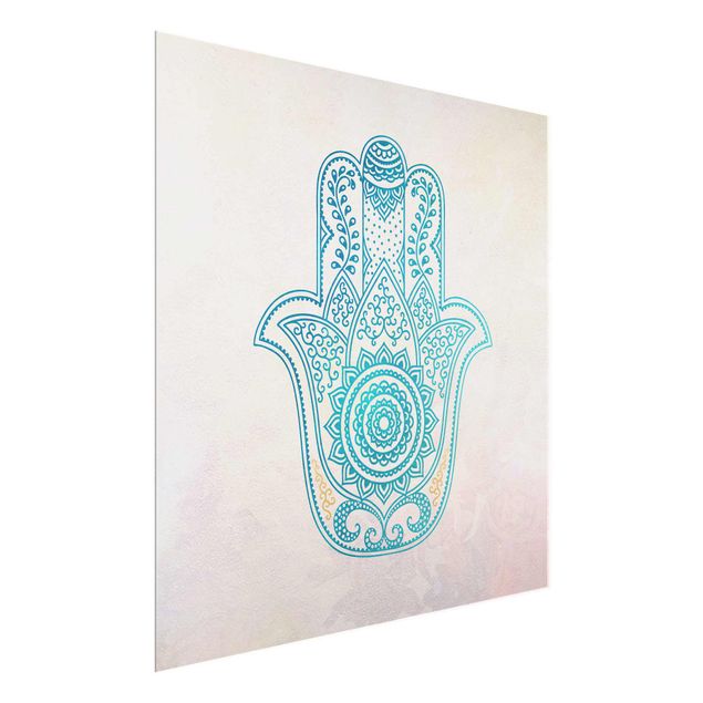 Wanddeko Esszimmer Hamsa Hand Illustration Mandala gold blau