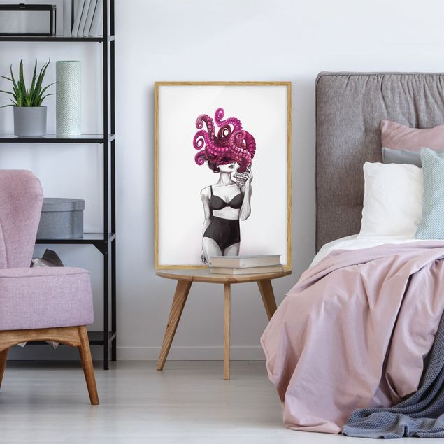 Wanddeko Schlafzimmer Illustration Frau in Unterwäsche Schwarz Weiß Oktopus