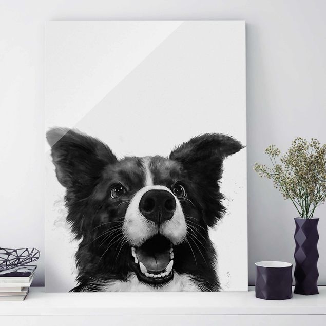 Wanddeko über Sofa Illustration Hund Border Collie Schwarz Weiß Malerei