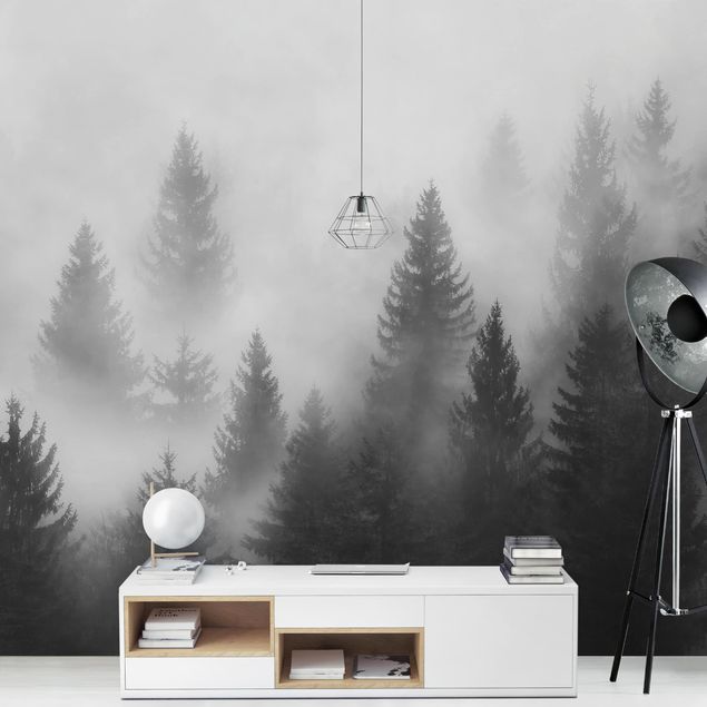 Wanddeko Esszimmer Nadelwald im Nebel Schwarz Weiß