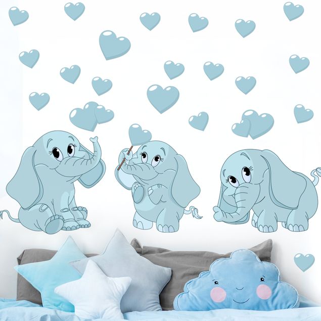 Kinderzimmer Deko Drei blaue Elefantenbabies mit Herzen