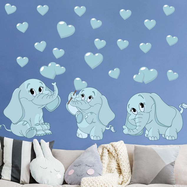 Wandtattoo Elefant Drei blaue Elefantenbabies mit Herzen