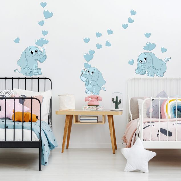 Wanddeko Babyzimmer Drei blaue Elefantenbabies mit Herzen