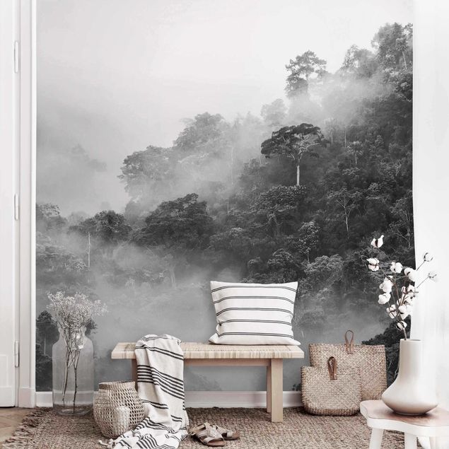 Wanddeko Wohnzimmer Dschungel im Nebel Schwarz-Weiß