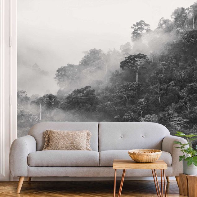 Wanddeko Schlafzimmer Dschungel im Nebel Schwarz-Weiß