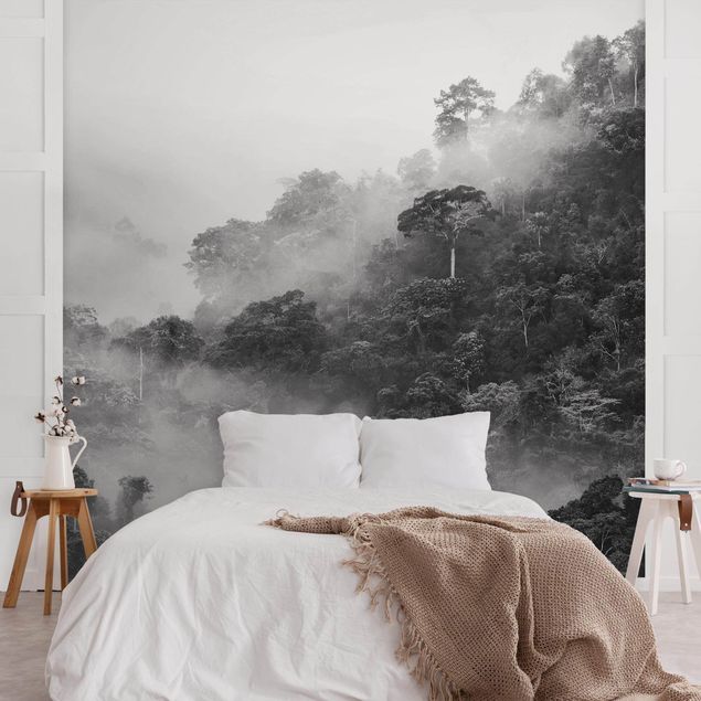 Wanddeko Flur Dschungel im Nebel Schwarz-Weiß