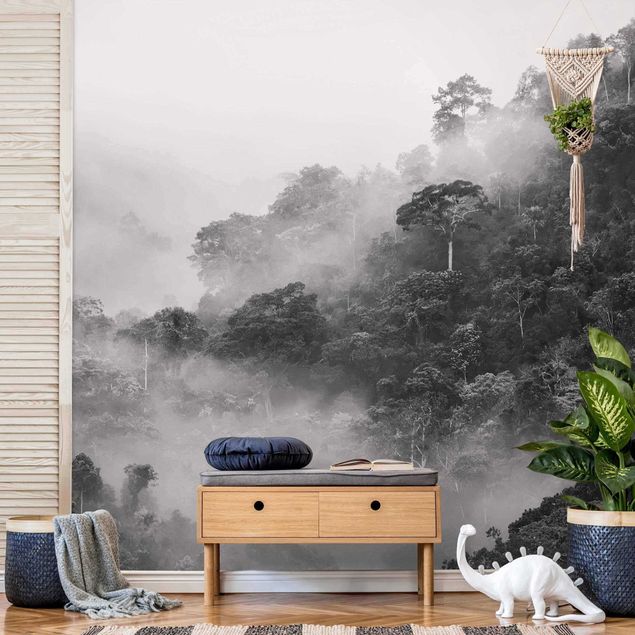 Wanddeko Esszimmer Dschungel im Nebel Schwarz-Weiß